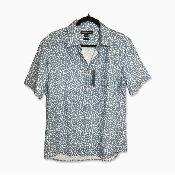 NWT MICHAEL KORS Men's Shirt Size M Blue Gray White Slim Fit Floral Petal Design - Picture 1 of 2